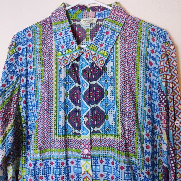 Orientique Naturally Australian Colorful Boho Geometric Artsy Eclectic Blouse XL - Picture 3 of 13